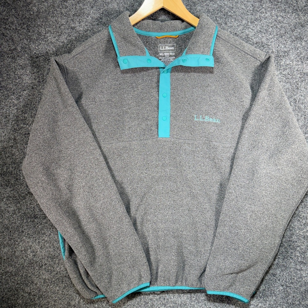 LL Bean Snap-T Fleece Pullover Mens Medium Gray Teal Contrast Trim Sweater